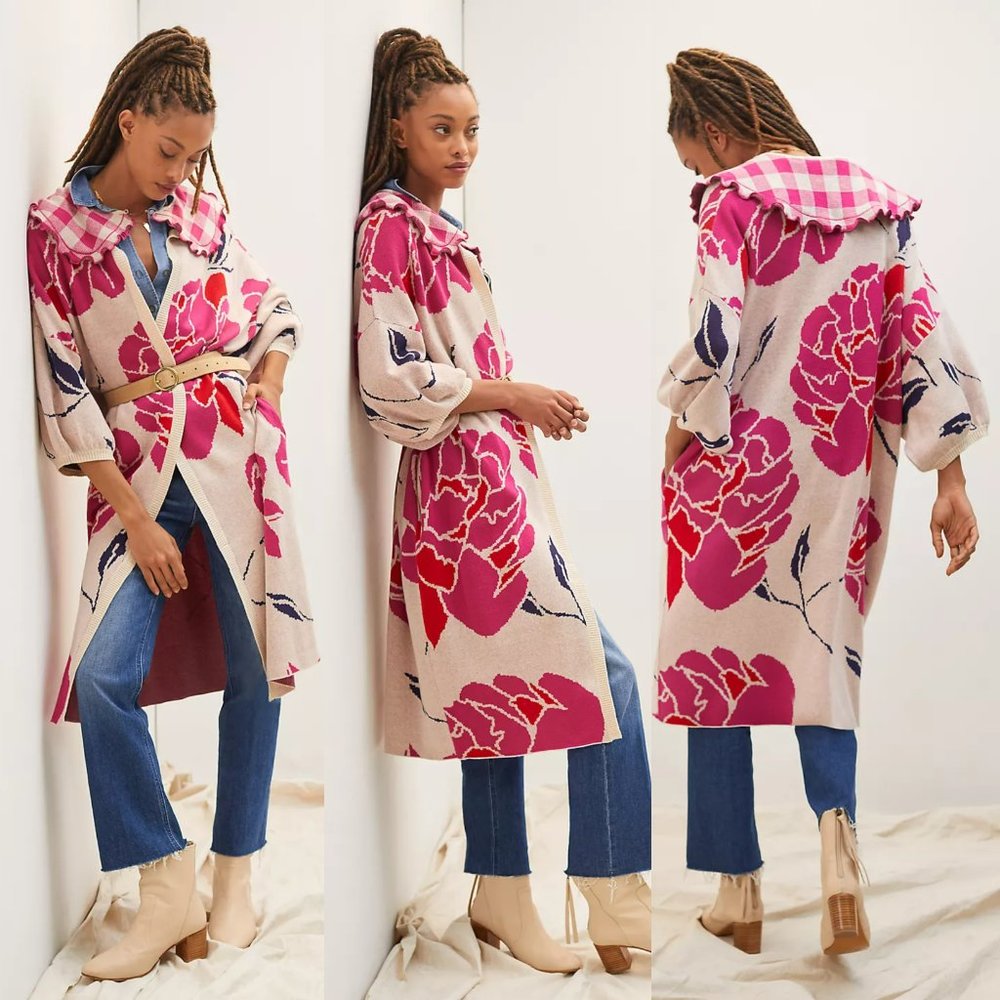 Anthropologie Cream Cardigan Coat with Pink Floral Print